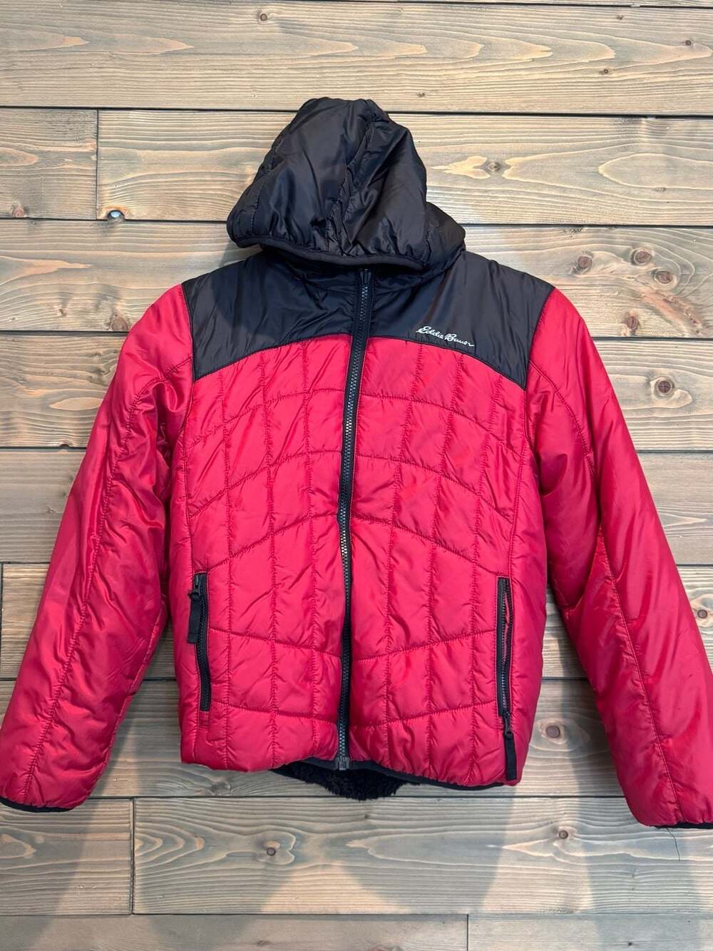 Eddie Bauer Kids Reversible Hooded Puffer Jacket Red Black Size M 10/12